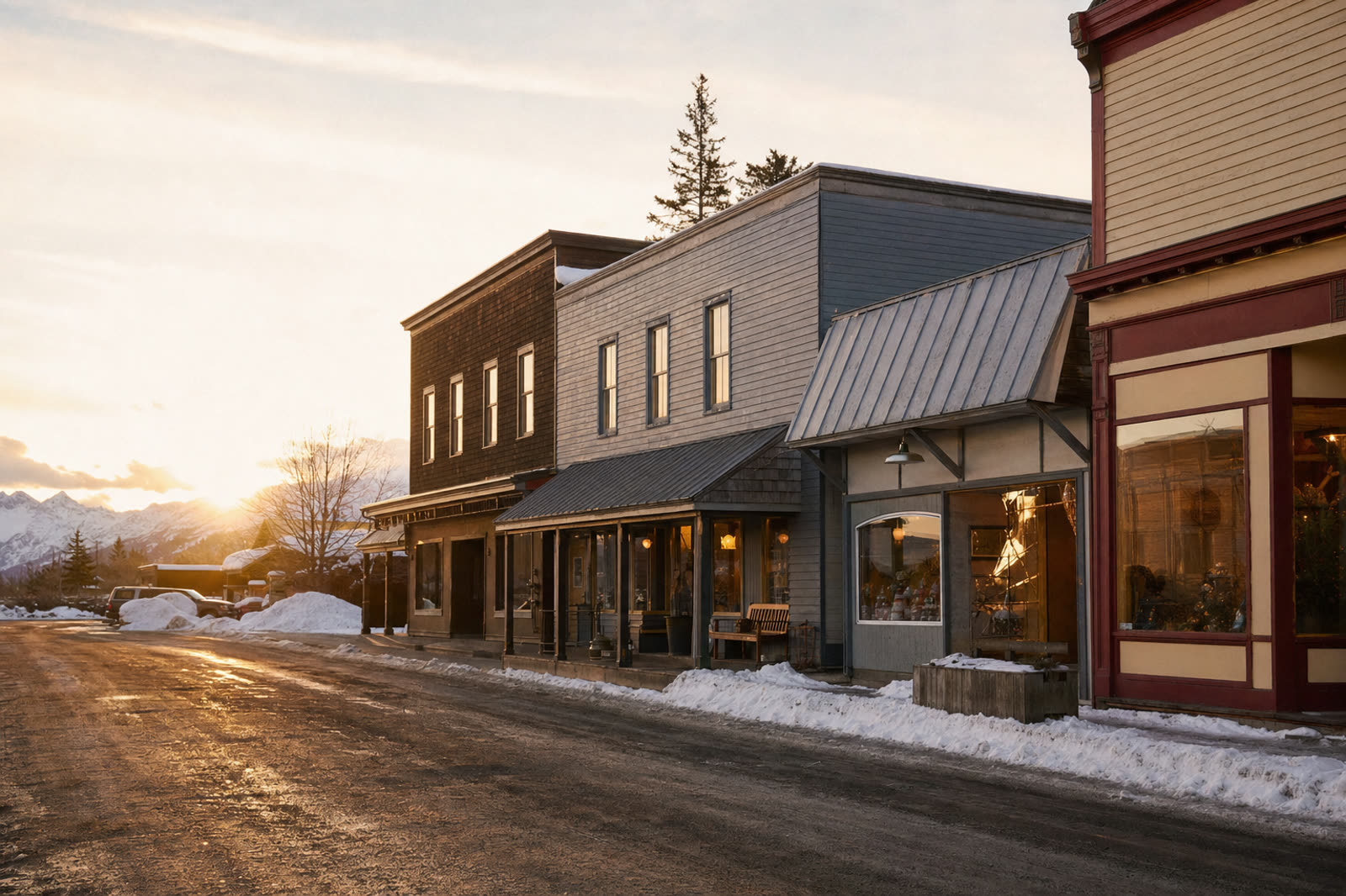 An Alaska main street at golden hour with local storefronts